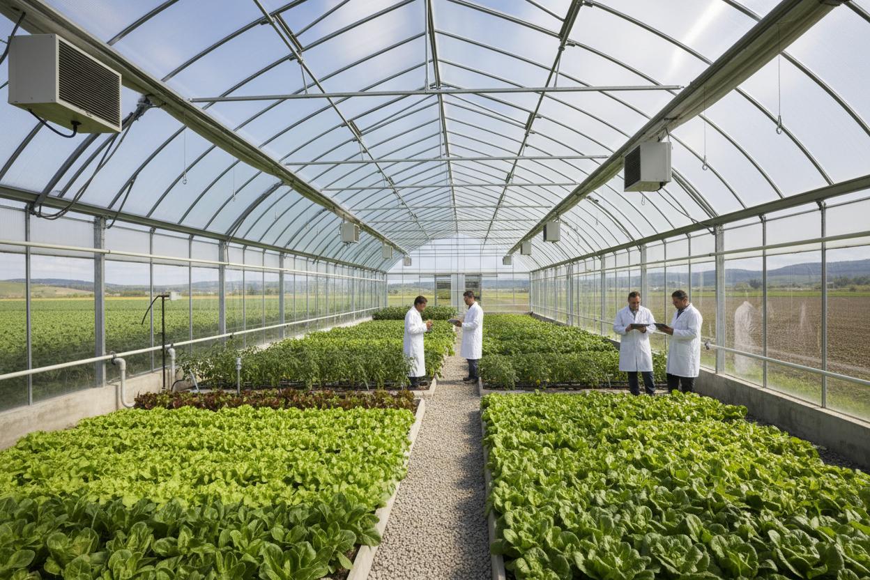 Serre horticole translucide avec cultures de légumes